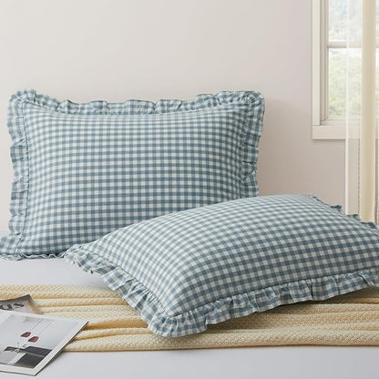 KKJIAF 2 Pcs Plaid Ruffle Pillow Case King Size, Cotton Gingham Ruffled Euro by KKJIAF
