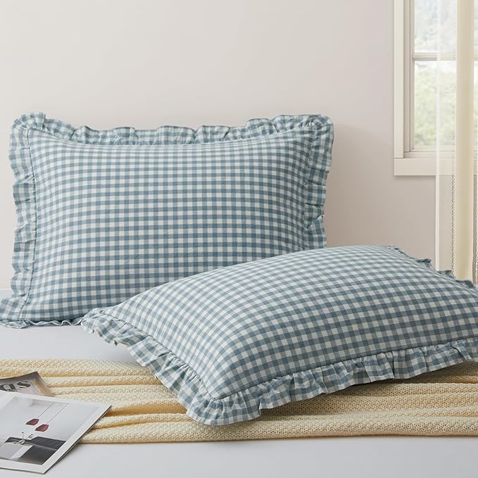 KKJIAF 2 Pcs Plaid Ruffle Pillow Case Queen Size, Cotton Gingham Ruffled Euro by KKJIAF