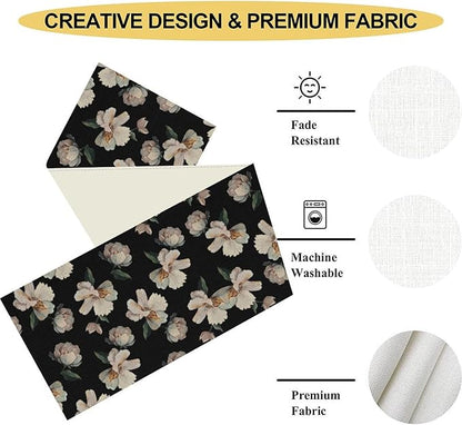Dark Floral Table Runner, Abstract White Flower Seasonal Coffee Table Center - Image 5