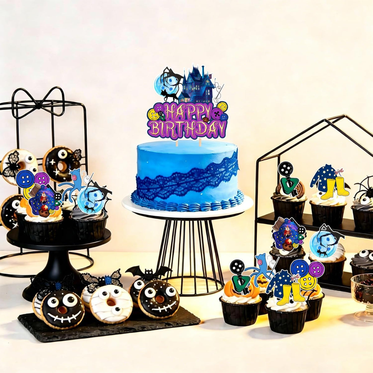 40Pcs Horror Birthday Party Decorations Blue Purple Theme Birthday Party Supplies Including Banner Hanging Swirls Balloons Backdrop Cake Toppers and Cupcake Toppers for Halloween Parties Decorations