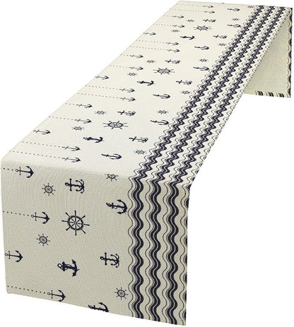 Nautical Table Runner, Anchor Sailboat Rudder Navy Wavy Stripes Ocean Waves by Unknown