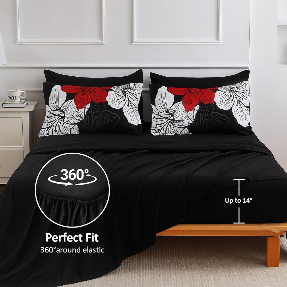 Luxudecor Red Black Comforter Set Queen Size, 7 Pieces Floral Bed in a Bag