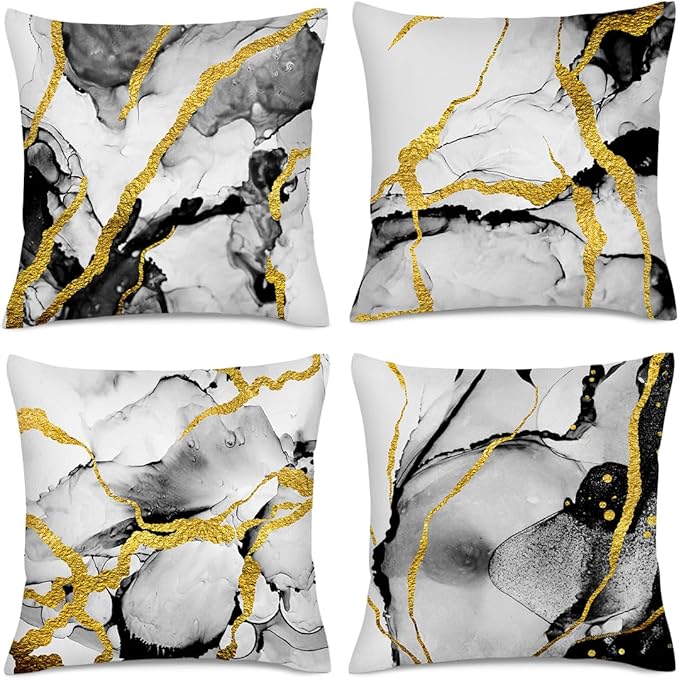 Black Gold Grey Marble Throw Pillows Covers 18x18 Inch Set of 4, Abstract by Unknown