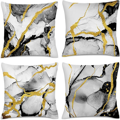 Black Gold Grey Marble Throw Pillows Covers 18x18 Inch Set of 4, Abstract by Unknown