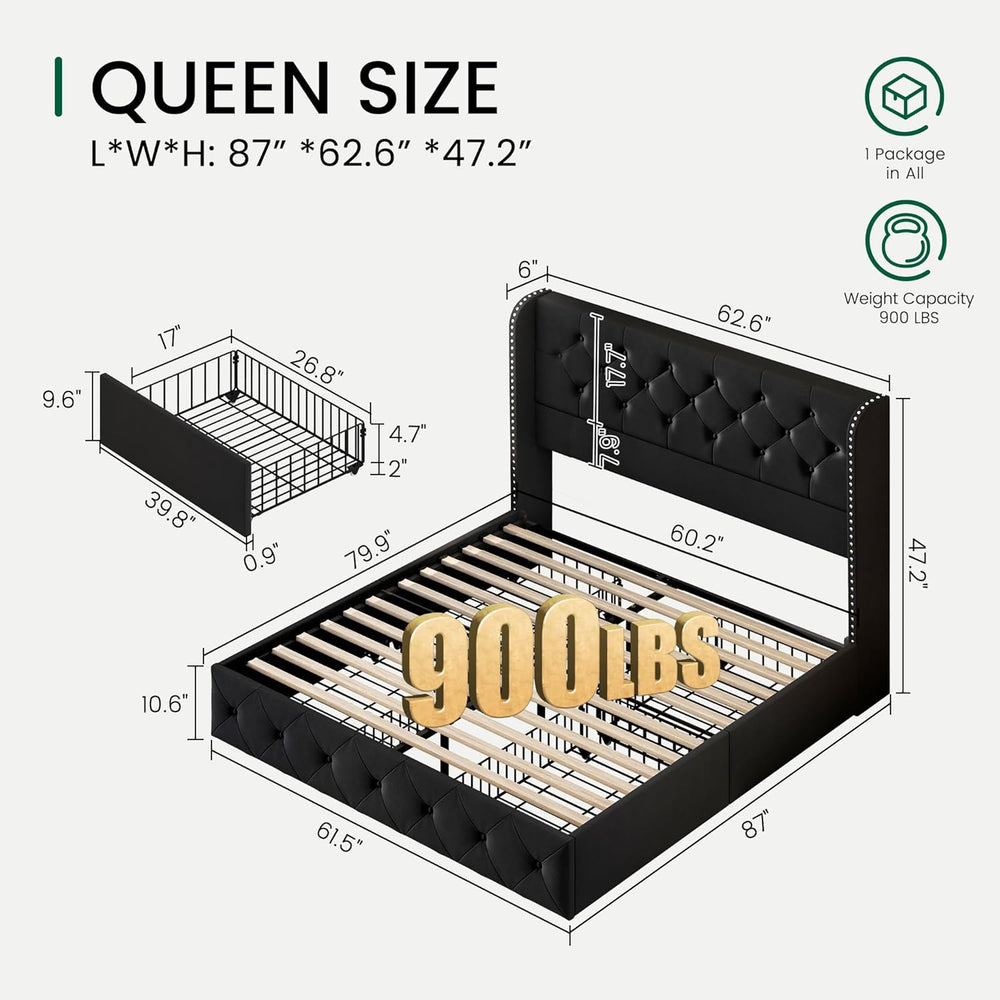 LARMACE Queen Size Bed Frame with 4 Storage Drawers and 47.2" Tall Wingb...
