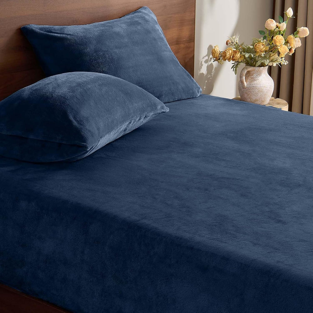 BEDELITE Fleece Queen Fitted Sheet & Pillowcases Set, Navy, 3 Pieces