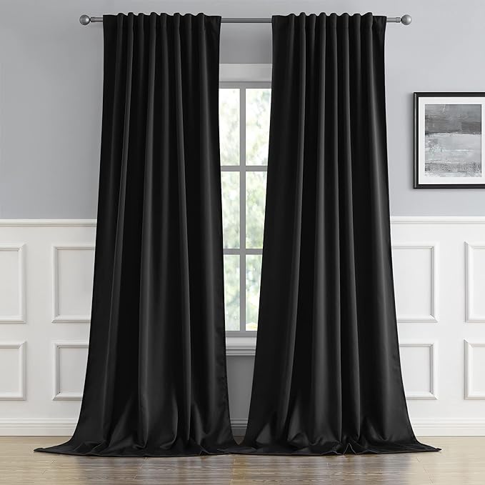 DUALIFE 2 Pcs Blackout Extra Long Black Curtains/Drapes 132 Inch Length by DUALIFE
