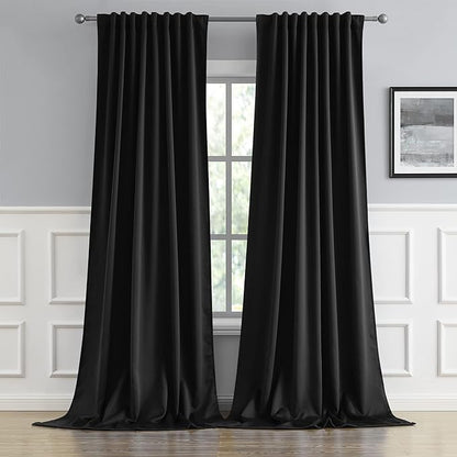 DUALIFE 2 Pcs Blackout Extra Long Black Curtains/Drapes 132 Inch Length by DUALIFE