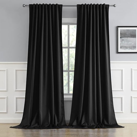 DUALIFE 2 Pcs Blackout Extra Long Black Curtains/Drapes 132 Inch Length by DUALIFE