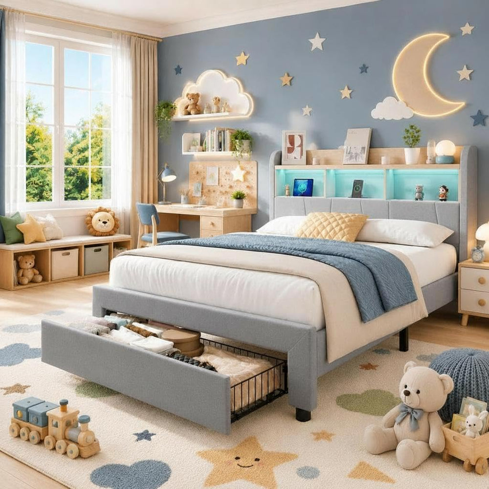 Garvee Twin Size Upholstered Bed Frame with 2 Drawers and LED Lights, Grey