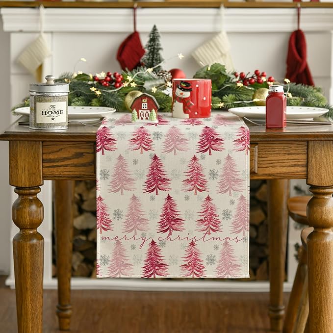 Artoid Mode Xmas Trees Snowflake Christmas Table Runner, Seasonal Winter Pink - Image 7