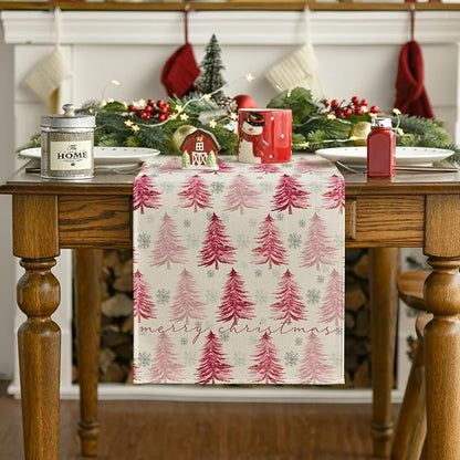 Artoid Mode Xmas Trees Snowflake Christmas Table Runner, Seasonal Winter Pink - Image 7