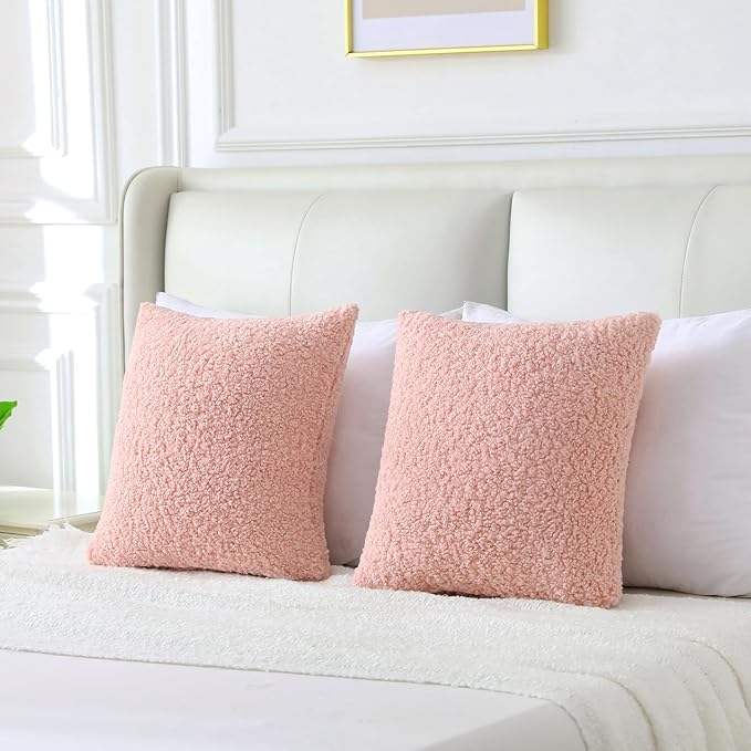 FUTEI Pink Throw Pillow Covers 18x18 Inch Set of 2, Furry Faux Fur Teddy Boucle - Image 6