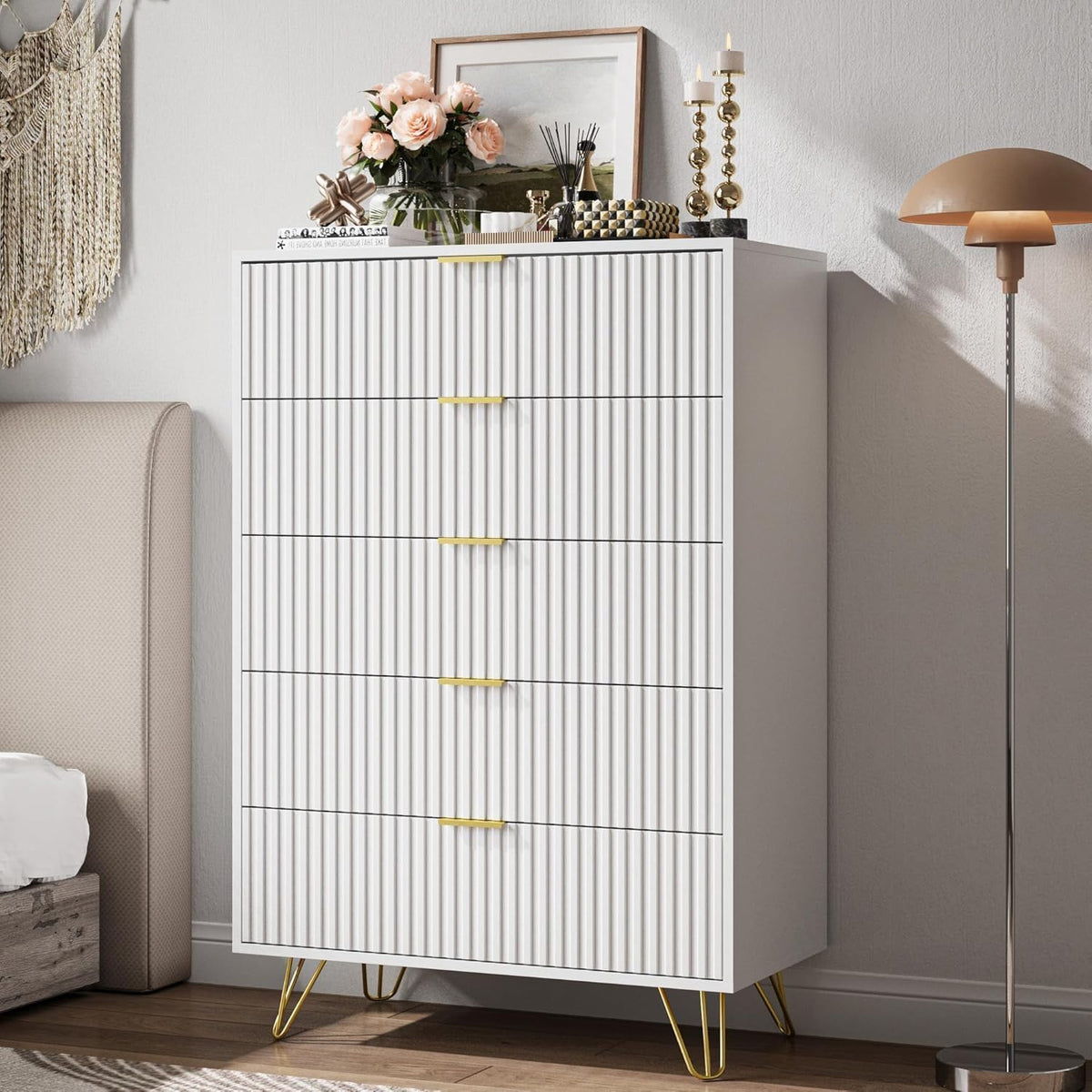 white 5 drawer dresser for bedroom, fluted dresser, main product view