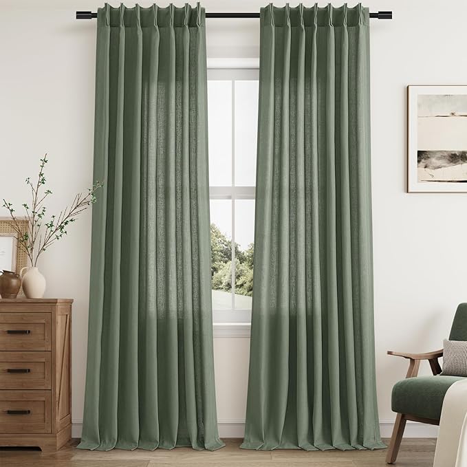 Olive Green Pinch Pleated Linen Curtains 95 Inches Long - Image 8