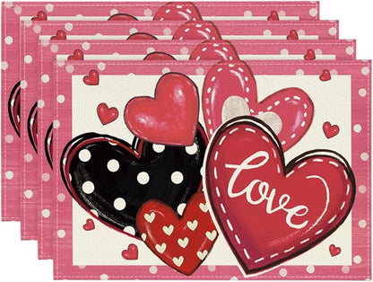 Artoid Mode Dot Hearts Love Pink Valentine's Placemats Set of 4, 12x18 Inch by ArtoidMode