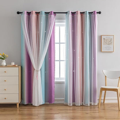 Star Girl and Kids Curtains for Bedroom Rainbow Ombre Double Layer Cute Shot by conokata