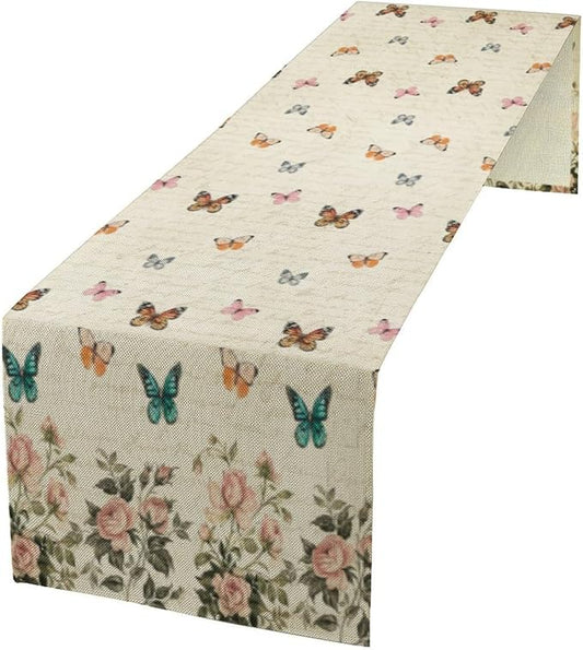 Retro Butterfly Table Runner Kids Girls Watercolor Vintage Pink Rose Floral by ShiTingYu