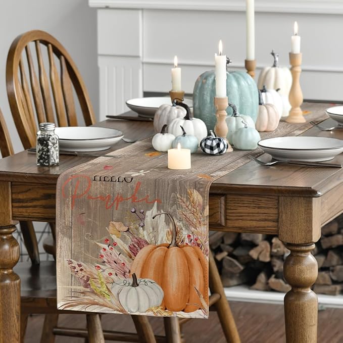 Artoid Mode Wood Hello Pumpkin Leaves 210 GSM Fall Table Runner, Seasonal - Image 3