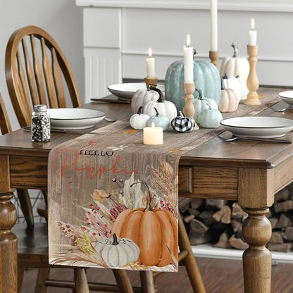 Artoid Mode Wood Hello Pumpkin Leaves 210 GSM Fall Table Runner, Seasonal - Image 3