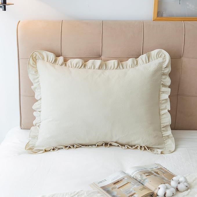 Pillow Shams Set of 2 Washed 100% Cotton Retro Ruffle Flounces Trim Solid Beige - Image 2