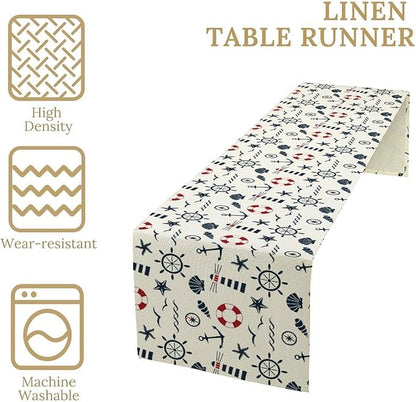 Nautical Lighthouse Table Runner, Anchors Waves and Organism Life Buoy Compass - Image 5