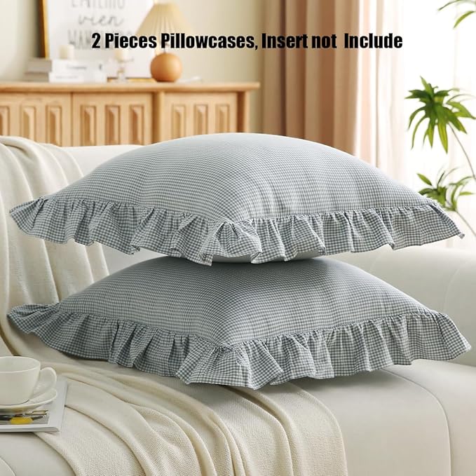 Blue/White Plaid Ruffle Throw Pillow Covers Vintage Checkered Gingham 20"x20" - Image 3