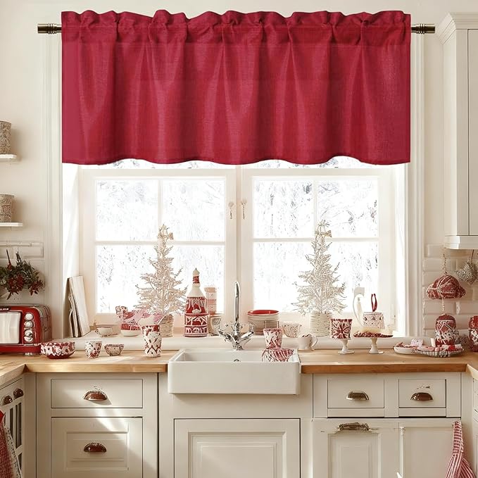 Hiasan Red Window Valance Curtains Faux Linen Farmhouse Rustic Rod Pocket Light by Hiasan