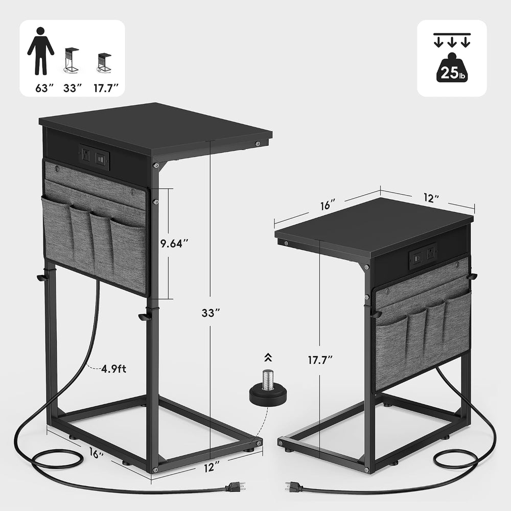 Vagusicc C Shaped End Table with Charging Station, Tall C Table End Table Adj...