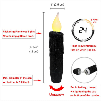 CVHOMEDECO. Glitter Flameless Candles Flickering Battery Operated LED Taper Candles with Timer for Home, Wedding, Halloween, Christmas Decor. Black, 4-3/4 Inch, Set of 6