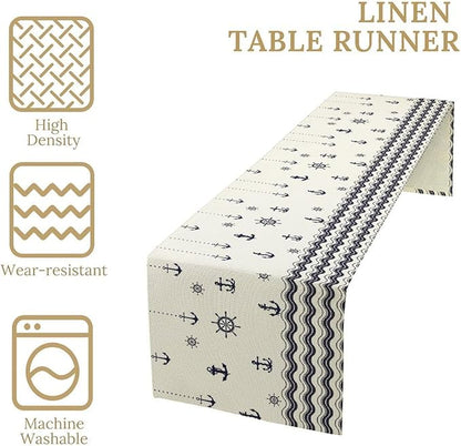 Nautical Table Runner, Anchor Sailboat Rudder Navy Wavy Stripes Ocean Waves - Image 5
