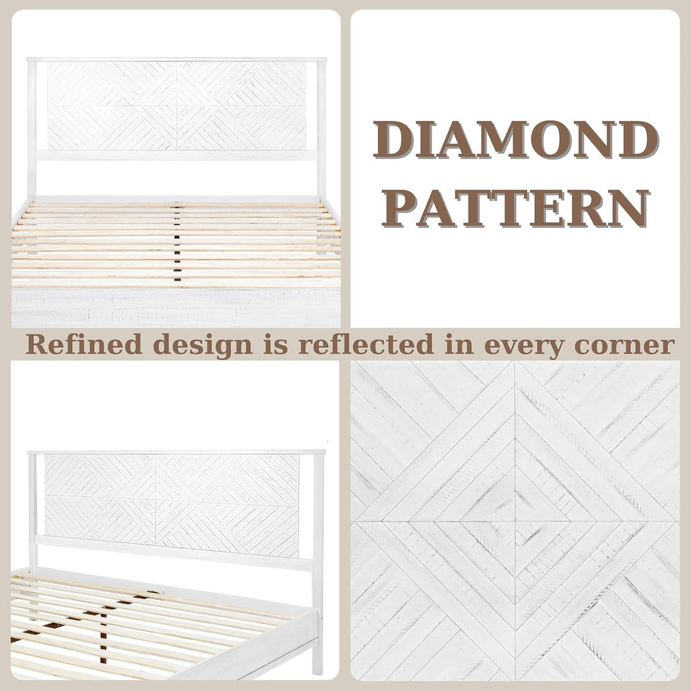 Bme Ethan Queen Bed Frame with Diamond Headboard, Mid-Century Modern, Solid A...