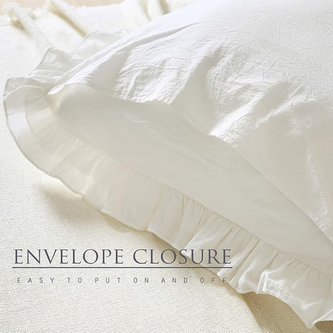 2 Pack Off White Ruffled Euro Shams Pillow Covers, 100% Cotton Vintage French - Image 5