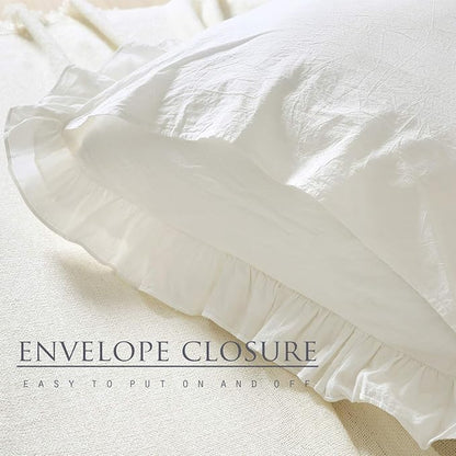 2 Pack Off White Ruffled Euro Shams Pillow Covers, 100% Cotton Vintage French - Image 5