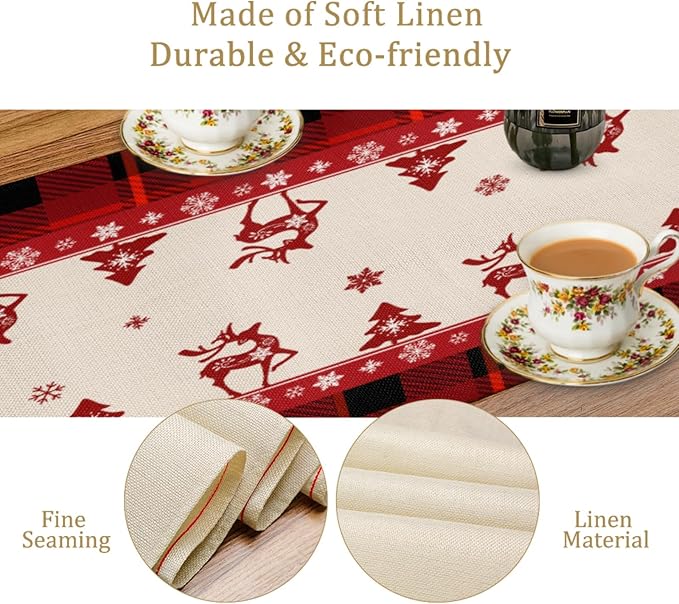 Merry Christmas Table Runner, Snowman Deer Elk Christmas Tree Table Runners - Image 4