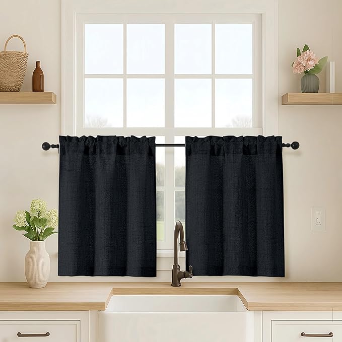 OVZME Black Kitchen Curtains 24 Inch Length, Light Filtering Faux Linen by OVZME