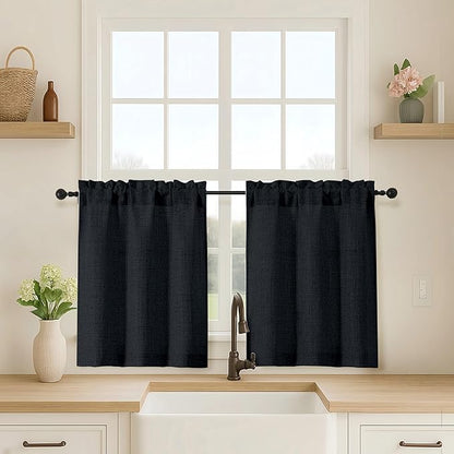 OVZME Black Kitchen Curtains 24 Inch Length, Light Filtering Faux Linen by OVZME