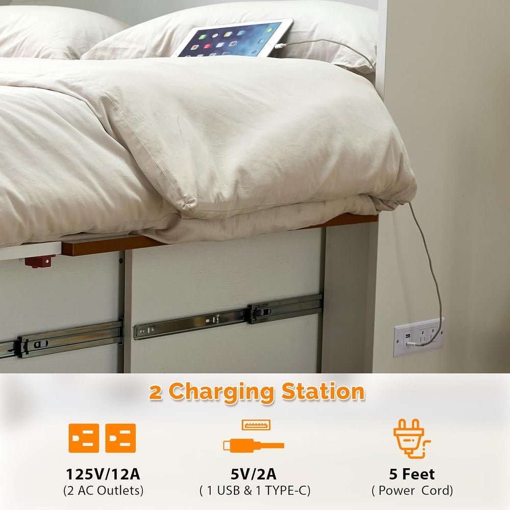 VINGLI Full Murphy Bed with Storage Drawer,2 Charging Station,Rustic & Sc...