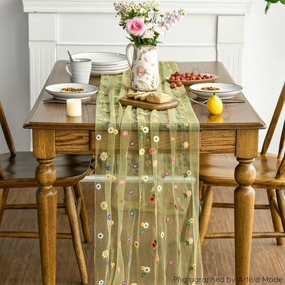 Artoid Mode Green Embroidery Daisy Spring Gauze Table Runner 59x120 Inch 10FT - Image 2