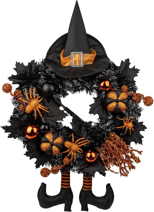 Halloween Wreath for Front Door 20" Tinsel Black Witch Wreath with Hat Legs and Orange Pumpkin for Fall Autumn Indoor Window Door Thanksgiving Halloween Decorations