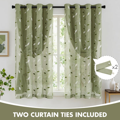 miulee sage green double layer patterned blackout curtains, close-up detail