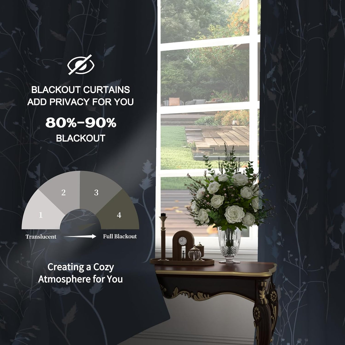 blue leaves blackout curtains 63 inch length, room, side view
