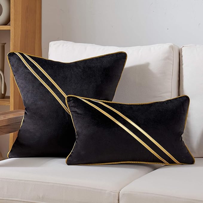 Avigers 12 x 20 Inch Black Gold Leather Striped Lines Velvet Cushion Case - Image 6