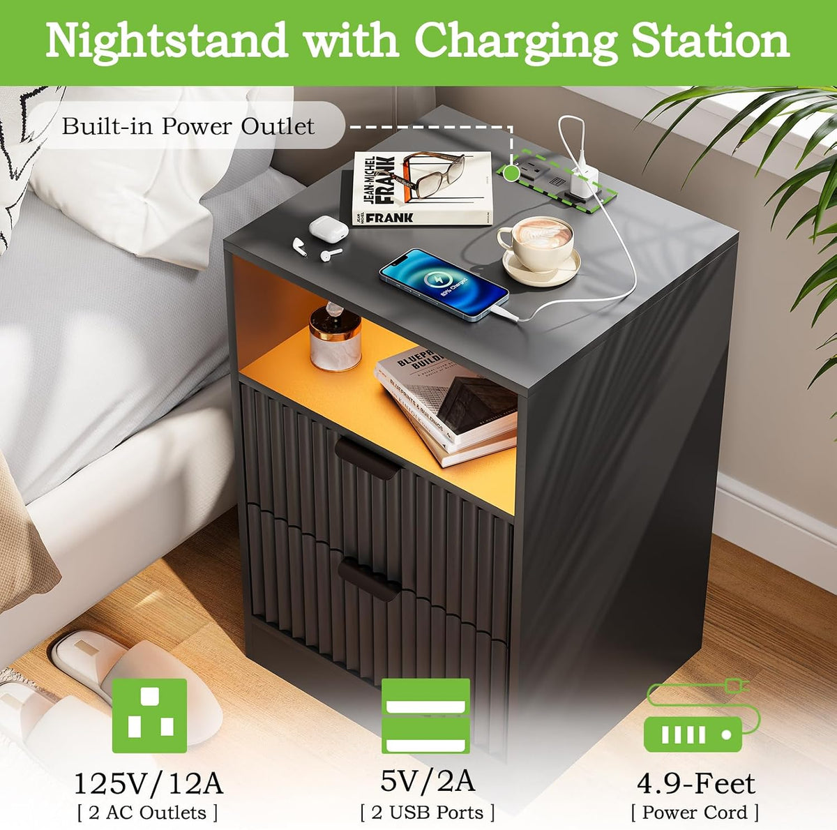 black night stand set 2, led nightstand with showing dimensions