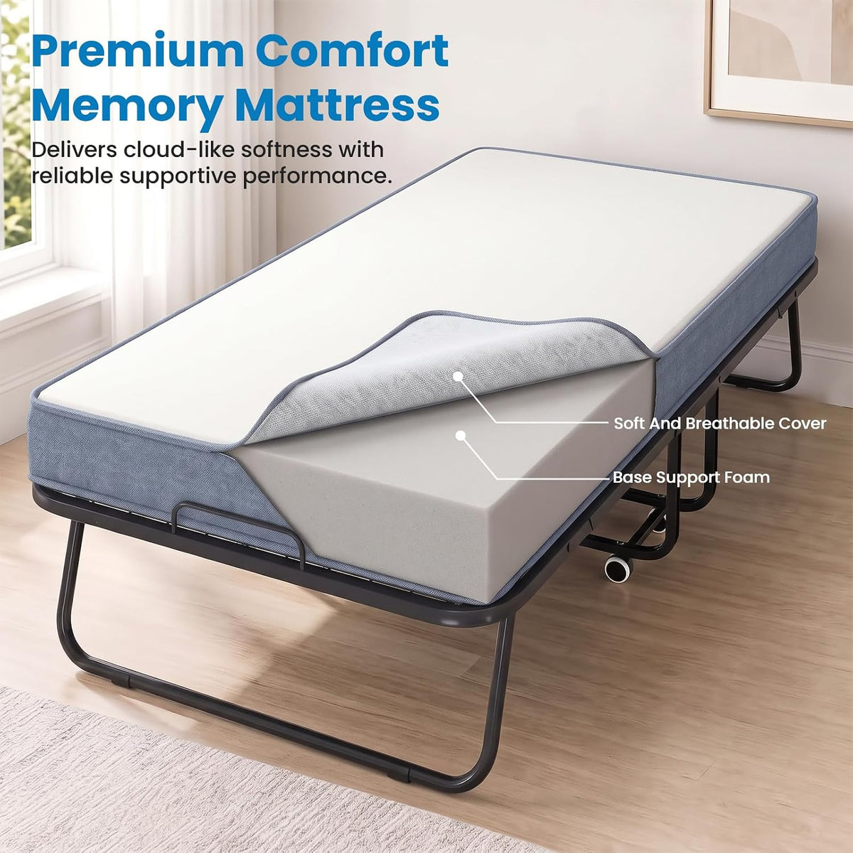 mjkone folding bed, 75" x 31" rollaway bed, side view