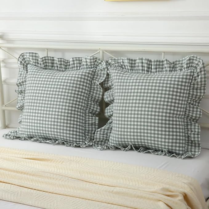 2 Pack Vintage Dusty Green Plaid Ruffle Throw Pillow Covers, Washed Cotton - Image 2
