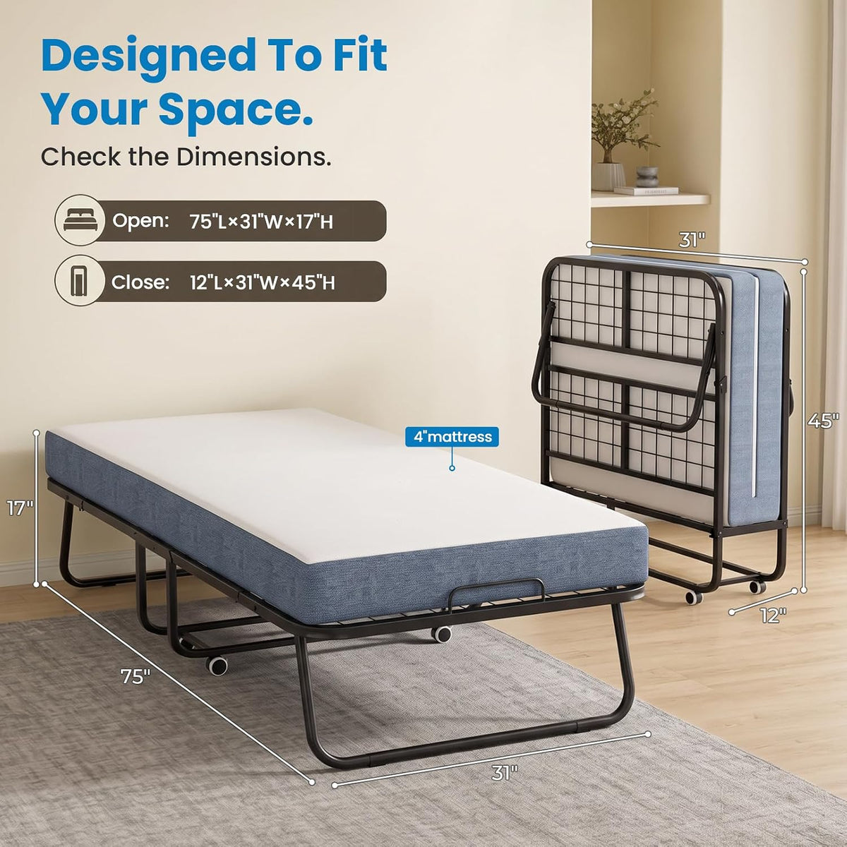 mjkone folding bed, 75" x 31" rollaway bed shown in use