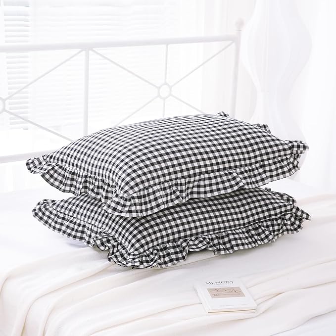 2 Pack Black and White Plaid Ruffle Gingham Standard Pillow Shams, 100% Washed - Image 6