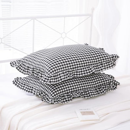 2 Pack Black and White Plaid Ruffle Gingham Standard Pillow Shams, 100% Washed - Image 6