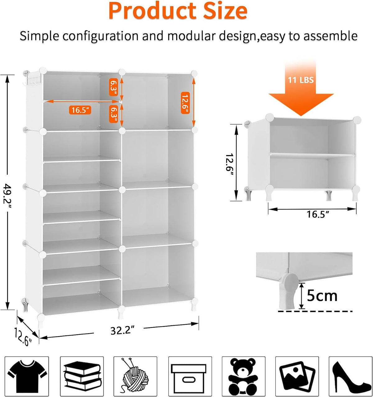 awtatos closet organizer 8 cube storage shelves, white, close-up detail